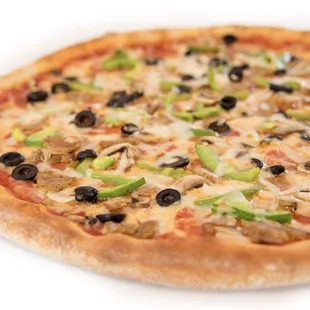 a pizza with olives, peppers, and onions