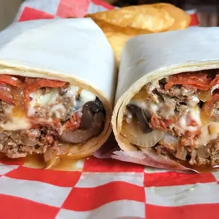 Steak Wrap. Chopped beef steak, provolone cheese, button mushrooms, pepperoni, fried onions and marinara sauce.