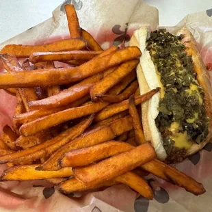 Chili dog with sweet potato fries.