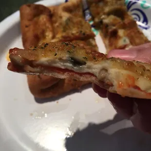 a hand holding a piece of pizza