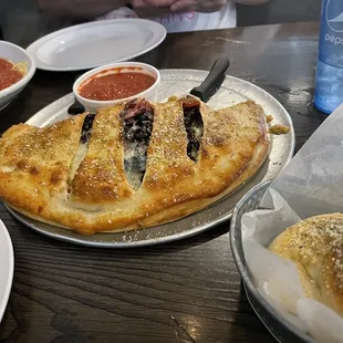 Spaghetti with Eggplant Parmigiana -  Over-baked Calzone - Garlic Roll