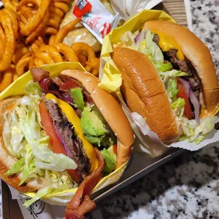 Avocado Bacon Cheeseburger, Cheeseburger and Curly Fries.
