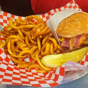 Pastrami burger with season curly fries