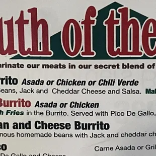 the menu of the restaurant