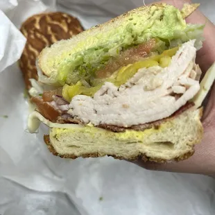 a hand holding a sandwich