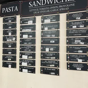 Pasta and Sandwich menu.
