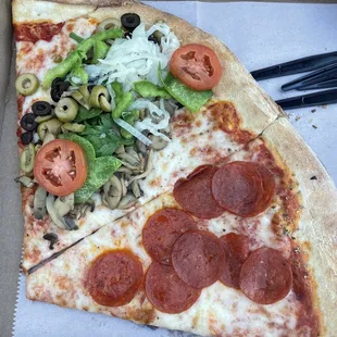 Veggie slice and pepperoni by the slice.