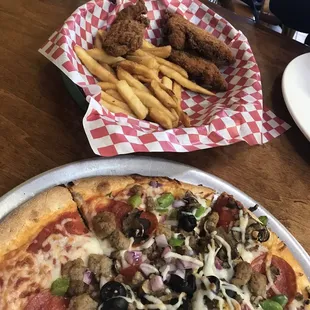 Single supreme pizza and Chicken Fingers