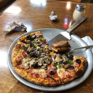 a half eaten pizza on a plate