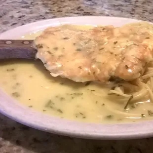Friends Chicken Francaise w/pasta plus soup, salad, dessert-$9.99