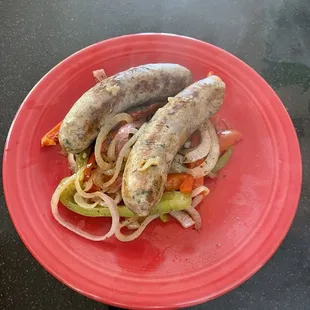 Hot italian sausage with peppers and onion. Yummy.