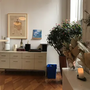 a living room with wood floors