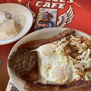 Breakfast sampler number two with biscuits and gravy instead of toast and could also have pancakes
