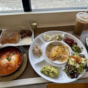 Shakshouka, falafel, and Angels breakfast with an iced coffee.