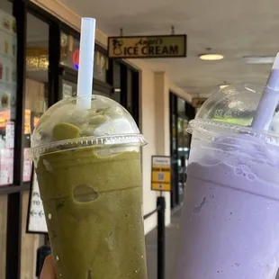 Veggie smoothie and ube milkeshake