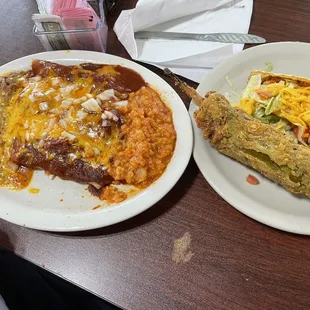 Chicken enchilada combo with a chile relleno and taco.