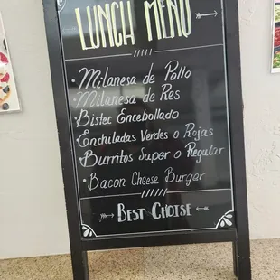 a menu for lunch