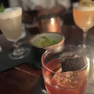 a glass of wine and a dessert