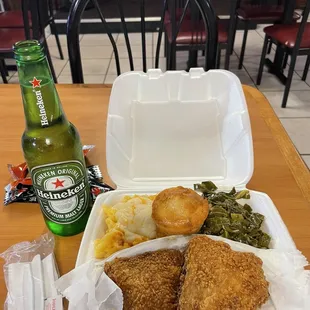 Nice little lunch special. 2 fried thighs, mac&amp;cheese, collards, and cold one.