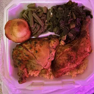 Curry chicken baked chicken green beans and collard greens  Corn bread.
