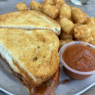 BBQ Brisket Grilled Cheese with Tots (+$2).