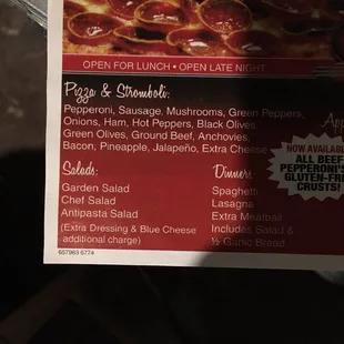 the menu for the restaurant