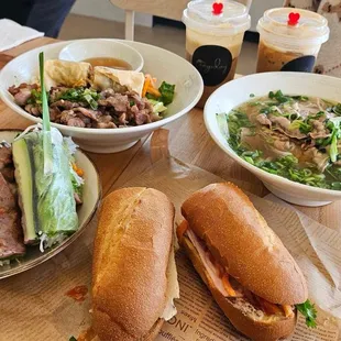 Banh mi dac biet, grilled pork rolls, beef pho, and grilled pork vermicelli