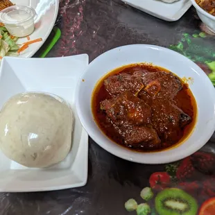 Goat meat stew, Fufu, Pounded Yam