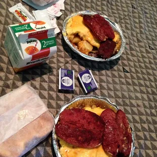 Beef sausage ,home fries ,egg &amp; cheese scrambled .Side  of beef sausage and 2 orange juices for 16$ fast delivery (they drive )