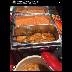 Delicious yummy grill onions/Mexican red rice/ retried beans. Also I call the grandma water salt cook beans.