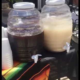 Our fresh waters. Jamaica/hibiscus. Horchata from scratch rice water.