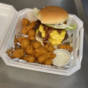 A Double Bacon Cheeseburger, Fresh never Frozen.