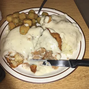 Chicken fried chicken mashed potatoes and fried okra