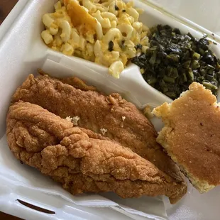 Fried whiting, mac and cheese, collards greens, and cornbread