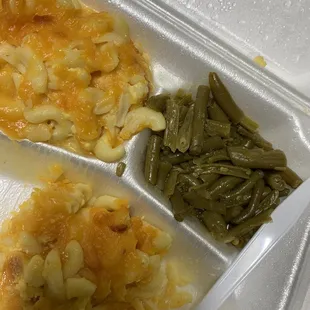 2 orders of Mac and cheese and green beans.