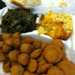 Fried okra, squash, mac and greens