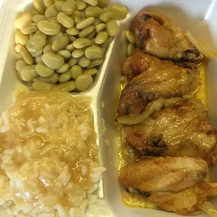 Baked wings, rice, Lima beans