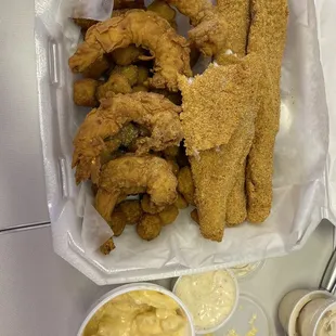 Fish, shrimp, Mac and cheese, and fried okra!