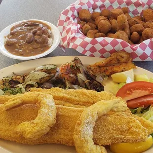 3 piece Fish and Shrimp (1/2 grilled, 1/2 fried), okra and red beans &amp; rice