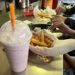 Strawberry shake and fries