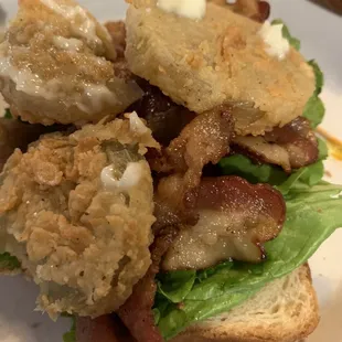 Open faced BLT sandwich with fried green tomatoes