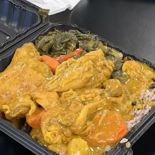 Curry chicken with Rice &amp; Peas and Collards