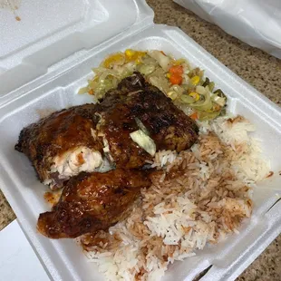 Jerk Chicken with white rice and cabbage