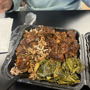 This is the oxtails with Rice &amp; Peas and Collards