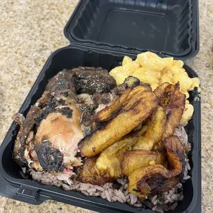 Jerk Chicken, Fried Plantains, Mac and Cheese