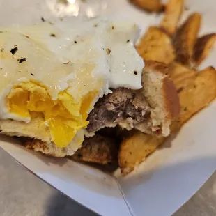 Eggs and sausage on a bun - around $4 with fries and drink