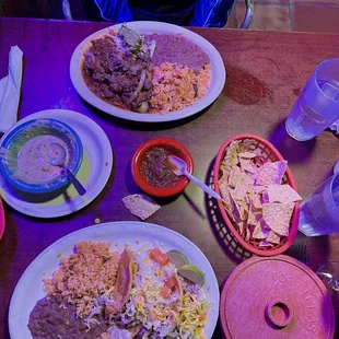 Blue light is making everything look blue but our feast for dinner