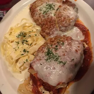 Mama's special. Meat lasagna, fettuccine Alfredo and chicken Parmigiana