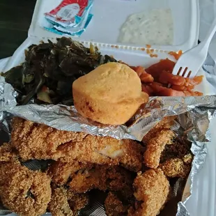 Whiting, greens, sweet potatoes and cornbread muffin. $15 after 20% tip