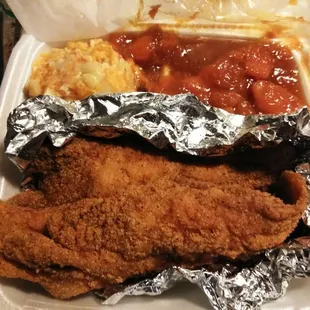 Catfish, mac and cheese. And candied yams so yummy.